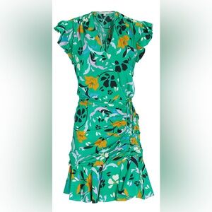 Veronica Beard Marla Dress Silk Green Multi Ruched Flutter Sleeve $585 Sz 2